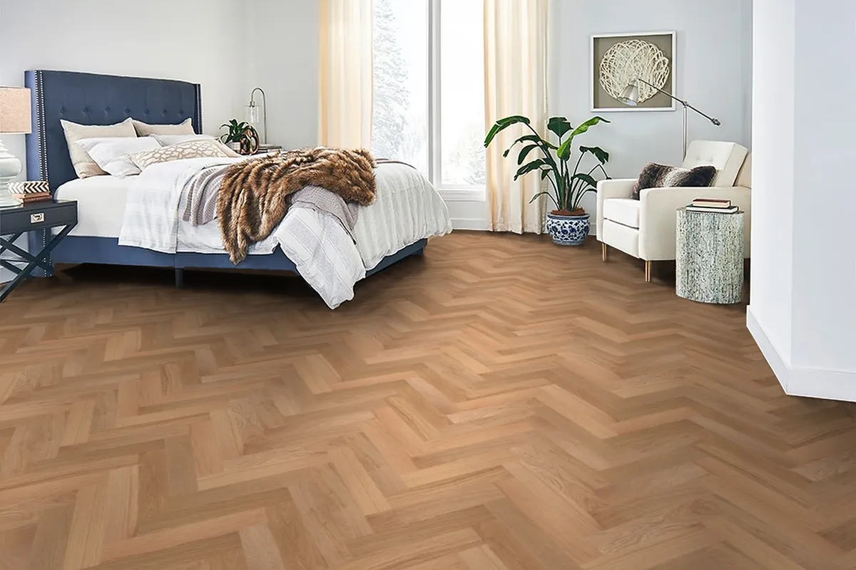 Bedroom with European Oak Herringbone Fawn Oak, shown in the Room Visualiser