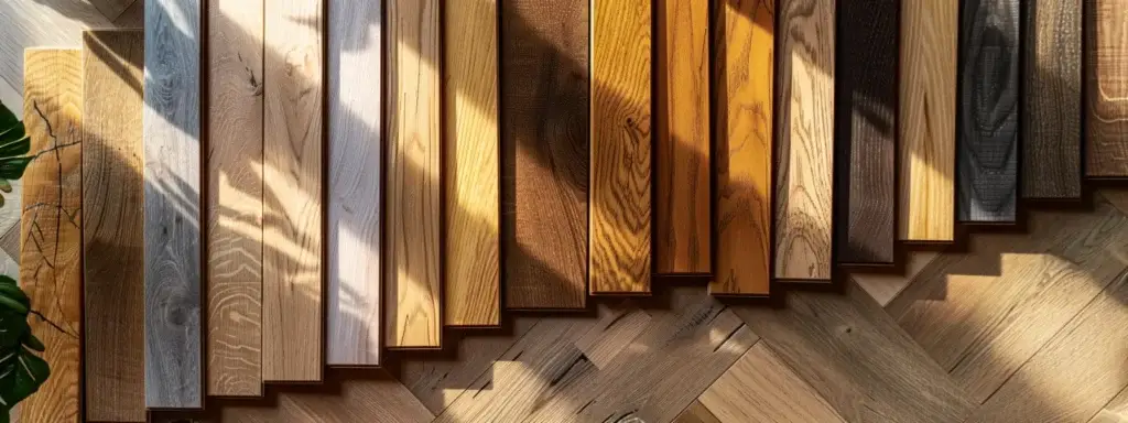 a beautifully arranged display of various timber flooring samples—solid, engineered, and bamboo—set against a soft, natural light backdrop that highlights their rich textures and colors, symbolizing the thoughtful investment in quality home design.