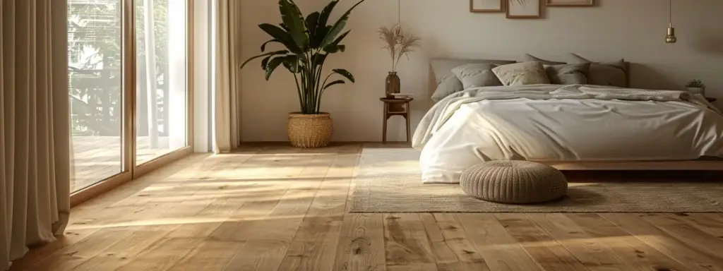 a beautifully arranged engineered wood flooring installation showcases a seamless click-lock method, radiating warmth with soft, ambient lighting in a serene, modern bedroom setting.