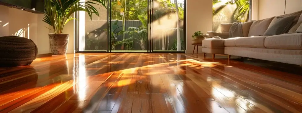 a beautifully curated living room features rich, polished timber flooring, bathed in warm, natural light, showcasing the perfect blend of elegance and durability ideal for any home environment.