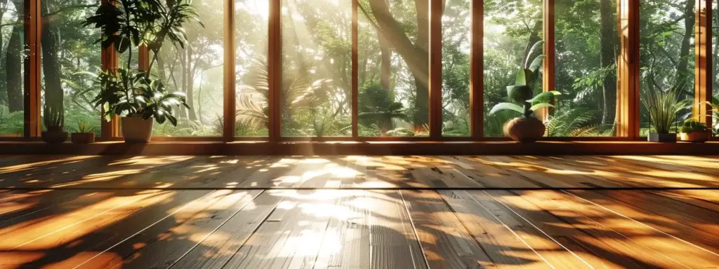 a sunlit room showcases various timber flooring types, highlighting the rich textures and grains of engineered wood, mahogany, cork, and solid timber, against a backdrop of large windows illuminating the contrast between humidity and temperature influences.