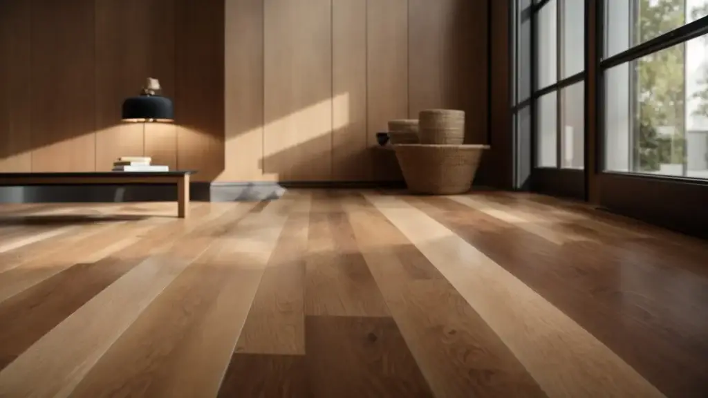 a beautifully arranged display of various engineered wood flooring samples showcases rich textures and finishes, illuminated by soft, natural light filtering through a nearby window, emphasizing their elegance and durability.