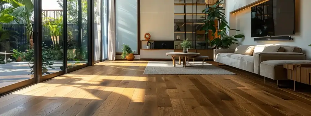 a beautifully designed interior showcasing vibrant engineered wood flooring in rich walnut tones, illuminated by soft, natural light filtering through large windows, emphasizing its durability and refined aesthetic appeal.