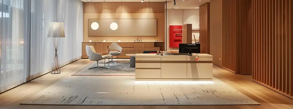 a contemporary office showroom featuring an array of luxurious carpet and flooring samples, with a prominently displayed financing options banner, exuding a sense of professionalism and accessibility in home improvement solutions.