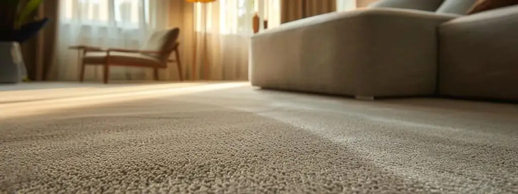 a contemporary rental property interior showcases a plush, durable harwearing carpet in muted tones under soft, ambient lighting, highlighting its stain-resistant fibers and inviting atmosphere.