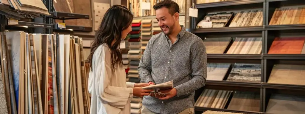 a knowledgeable flooring specialist assists a homeowner in a modern showroom, showcasing a variety of vibrant carpet samples under focused showroom lighting, emphasizing the importance of expert guidance in carpet selection.