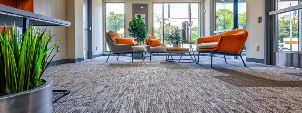 a meticulously designed office space showcases a flawless carpet flooring installation, featuring a sleek modern aesthetic with expertly lined seams, vibrant hues, and a professional installer attentively assessing the area to ensure optimal durability and finish.