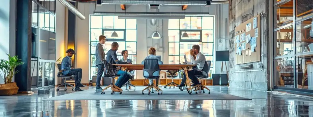 a meticulously organized, modern office space features plush harwearing carpet in a vibrant color, enhancing both aesthetics and functionality as team members discuss property management strategies around a sleek conference table.