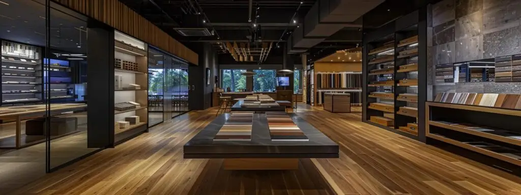 a modern and stylish flooring showroom showcases an array of engineered wood, laminate, and hardwood samples, meticulously arranged to highlight their unique textures and colors, under bright, focused lighting that emphasizes the sophistication of each option.