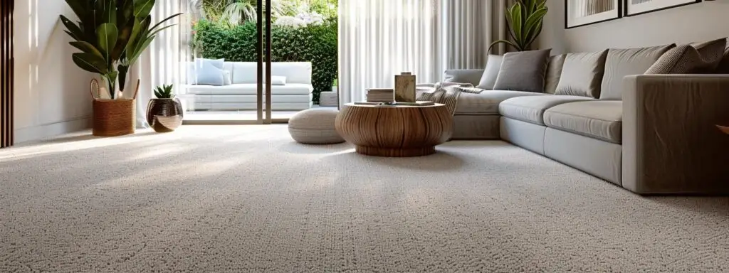 a modern australian living room featuring a sleek, light-colored low-pile carpet that harmoniously complements minimalist decor, showcasing a stylish arrangement of furniture and wall finishes that reflect contemporary design trends.