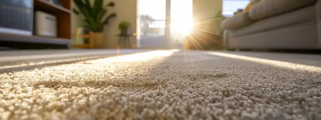 a modern australian living room showcases a stylish, hypoallergenic carpet made of a luxurious wool blend, elegantly complementing sleek furniture and vibrant decor, emphasizing both warmth and contemporary design in a sunlit urban setting.