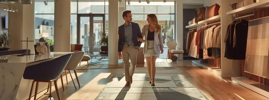 a modern flooring showroom features sleek samples of elegant carpets and hard flooring, where a knowledgeable consultant engages with a customer, showcasing the balance of aesthetics and functionality in a bright, well-lit space.