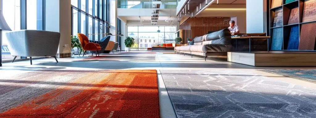 a modern flooring showroom showcases a diverse array of stylish carpet samples and sustainable materials, with well-organized displays and a knowledgeable consultant engaging with a customer amidst a bright and contemporary interior.
