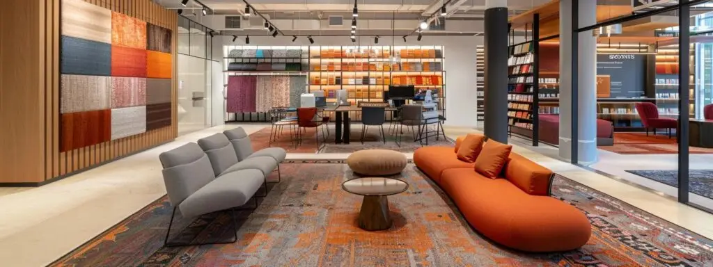a modern office space features a vibrant display of various carpet samples, showcasing wool, nylon, and synthetic blends in distinct colors and textures against sleek, contemporary furnishings, emphasizing their unique styles and practical applications for australian consumers.