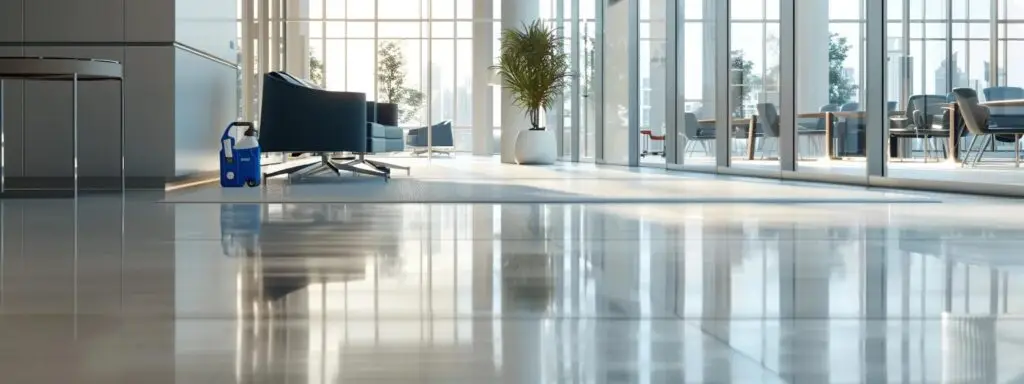 a modern, sleek office interior featuring pristine new flooring with a cleaning kit strategically placed nearby, showcasing a proactive maintenance approach for longevity.