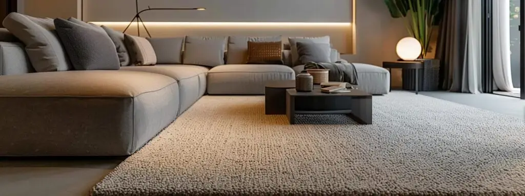 a modern, stylish living room showcasing a luxurious, high-quality carpet with neutral tones, elegantly paired with contemporary furniture and ambient lighting, encapsulating the long-term value of carpet investments in an australian home.