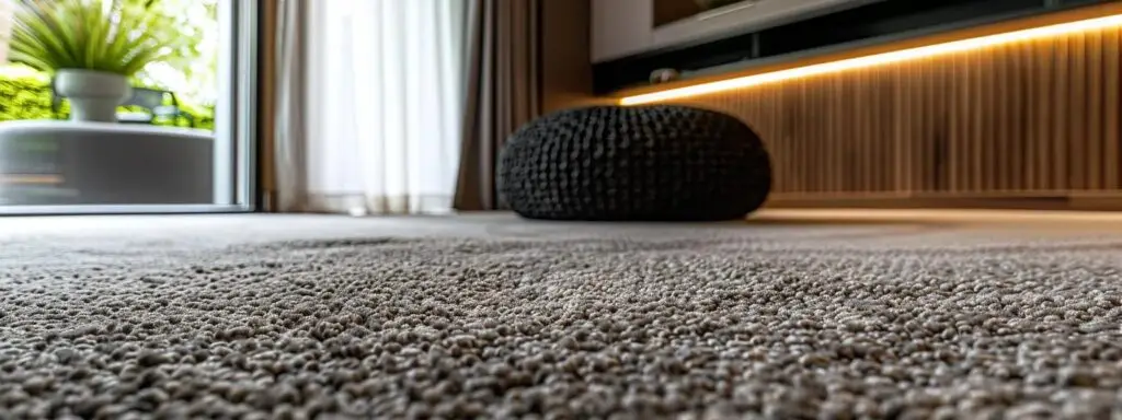 a modern, upscale rental unit showcases luxurious harwearing carpet under soft recessed lighting, emphasizing its vibrant colors and textures while creating a cozy, quiet atmosphere that appeals to prospective tenants and landlords alike.