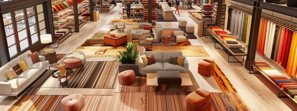a modern, well-lit interior of a stylish flooring store showcases a diverse range of luxurious carpets, with knowledgeable staff engaging with customers to discuss choices that enhance both aesthetic appeal and energy efficiency.