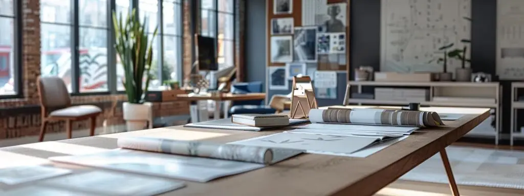 a modern, well-organized office space showcases an inviting consultation table adorned with flooring samples, design magazines, and a meticulously measured floor plan, emphasizing the importance of preparation for a flooring quote appointment.