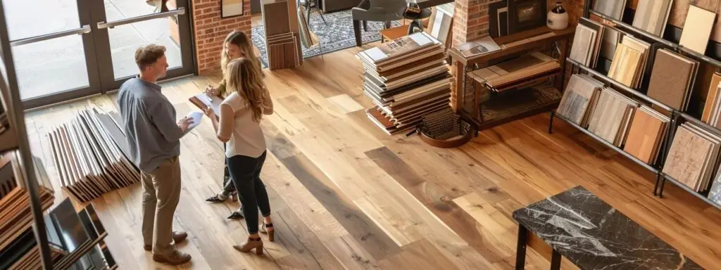 a polished flooring showroom featuring an expert consultant discussing diverse flooring options with a homeowner, surrounded by vibrant samples of hardwood and laminate in a bright, contemporary urban setting.