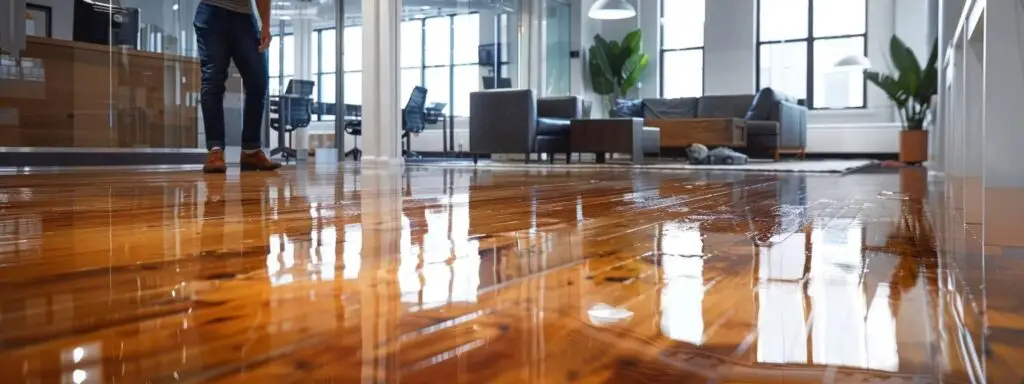 a polished, modern office environment showcases a skilled technician using advanced moisture detection tools to assess and repair a gleaming hardwood floor, emphasizing expertise in water damage and aesthetic restoration.