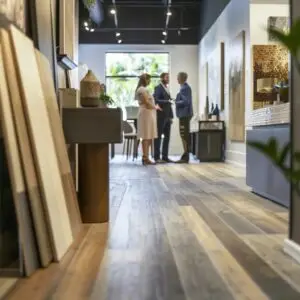a professional and inviting flooring showroom, showcasing a variety of elegant, textured floor samples under soft, focused lighting, with knowledgeable local flooring experts engaging confidently with homeowners in the background.