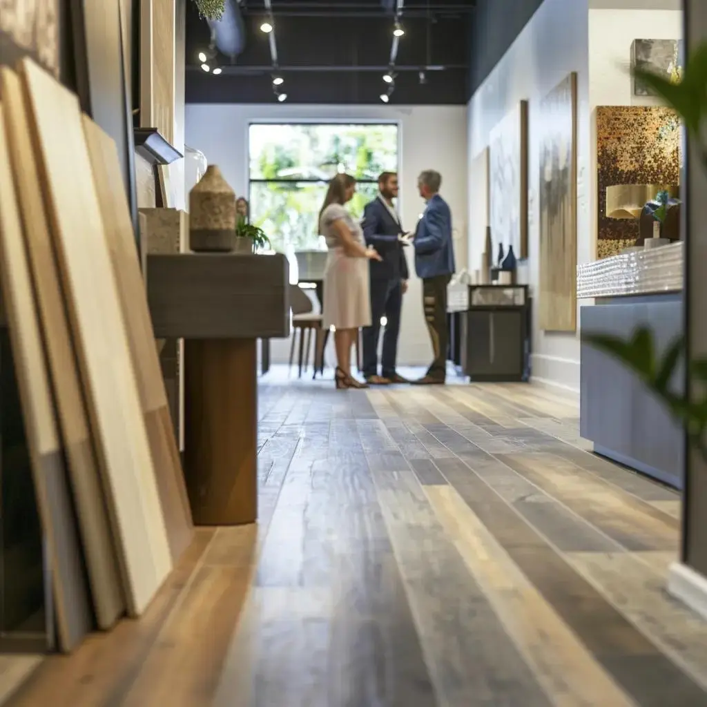 a professional and inviting flooring showroom, showcasing a variety of elegant, textured floor samples under soft, focused lighting, with knowledgeable local flooring experts engaging confidently with homeowners in the background.