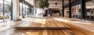 a professional flooring installation team meticulously laying down elegant hardwood planks in a modern, well-lit urban showroom, showcasing their expertise and craftsmanship in a polished, inviting setting.