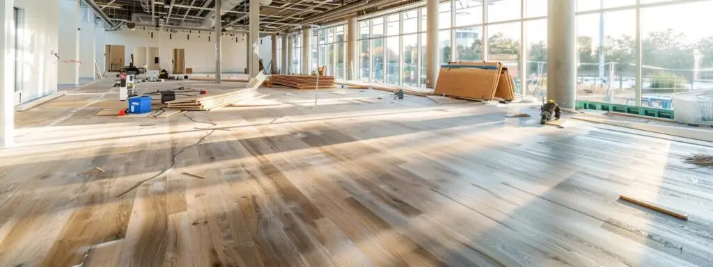 a professional installer expertly lays down flooring in a modern, well-lit logan office space, showcasing the craftsmanship and personalized touch that local services provide.