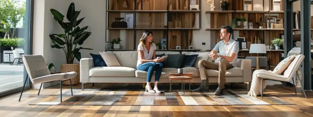 a professional interior designer conducts a complimentary flooring assessment in a modern, well-lit living room, surrounded by samples of various flooring materials including laminate, hardwood, and tile, as they engage with a homeowner discussing design preferences and transparent cost breakdowns.