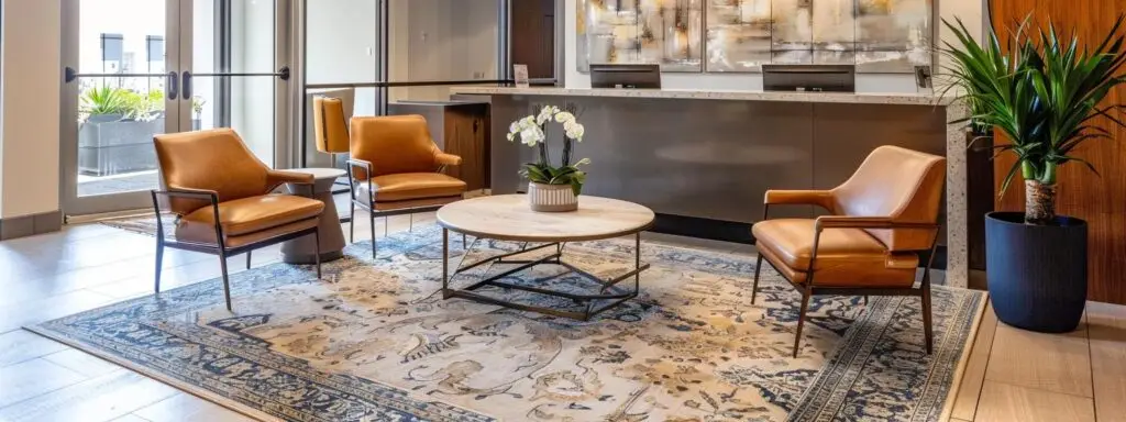 a professional interior setting showcasing a pristine rental property with stylish harwearing carpet elegantly installed, emphasizing the meticulous details of carpet seams and a clean, modern ambience that highlights its durability and maintenance.