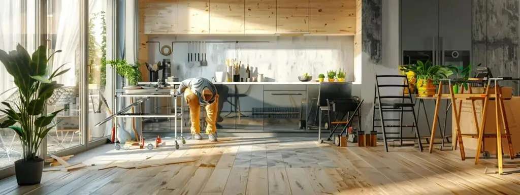 a professional interior setting showcases a sleek modern kitchen, featuring workers meticulously installing stylish laminate flooring, with tools and detailed project plans strategically arranged to emphasize the efficient and customer-centric process of floor repair and installation.