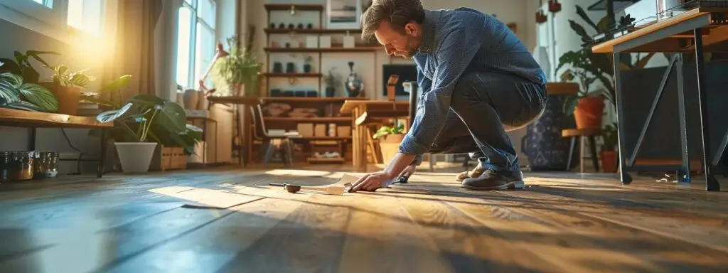 a skilled flooring professional inspects a section of modern hardwood floor in a well-lit urban office, showcasing advanced tools and materials as they evaluate damaged areas for effective repair solutions.