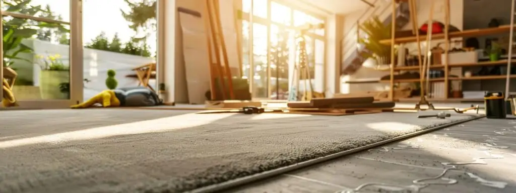 a skilled installer methodically lays down a rich, textured carpet in a modern, well-lit living room, surrounded by tools and materials that convey the meticulous process of flooring installation.