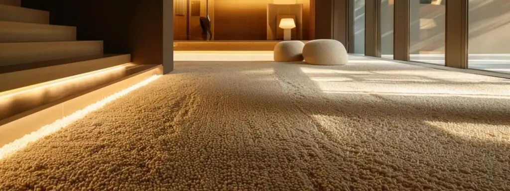 a sleek, modern flooring showroom showcases an inviting arrangement of luxurious carpets and elegant hard flooring options, illuminated by warm, ambient lighting, emphasizing the professionalism and expert guidance of hornsby’s flooring store.