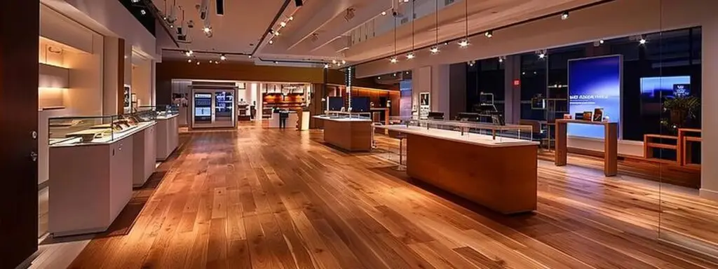 a sleek, modern flooring showroom features an array of elegant hard flooring solutions, showcasing rich engineered hardwood and versatile laminate styles under bright, focused lighting that highlights their intricate textures and finishes.