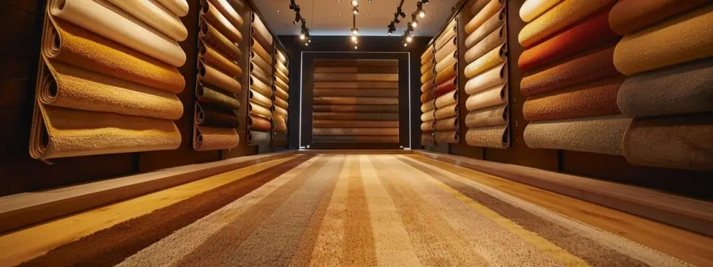 a sleek, modern flooring store interior showcases a stunning array of high-quality carpets and hard flooring options, illuminated by warm lighting that highlights the expert craftsmanship and inviting atmosphere designed for transforming spaces.