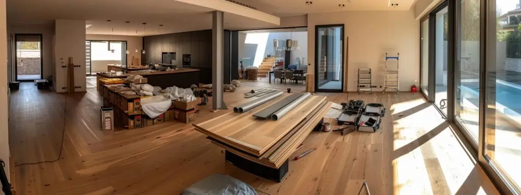 a sleek, modern home interior showcases a professional flooring installation in progress, featuring an expert carefully laying down elegant hardwood planks amidst advanced tools and organized materials in a well-lit space.