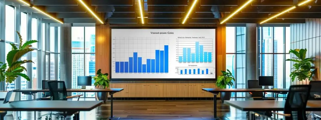 a sleek modern office featuring a large, high-resolution digital display showcasing a comparison table of harwearing carpet attributes against hardwood and laminate flooring, illuminated by bright, focused overhead lights for clarity and emphasis on the informative content.