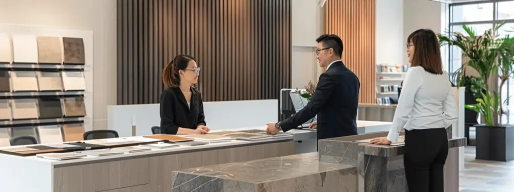 a sleek, modern office interior showcases a dedicated customer service representative engaging warmly with a client, surrounded by samples of elegant flooring options, emphasizing the personalized attention and transparent communication at hornsby flooring.