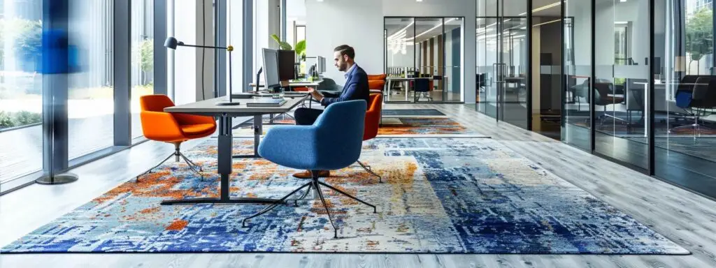a sleek, modern office space featuring a stylish carpet and polished flooring, with a professional sitting at a contemporary desk, reviewing vibrant flooring samples and quotes displayed on a digital tablet.
