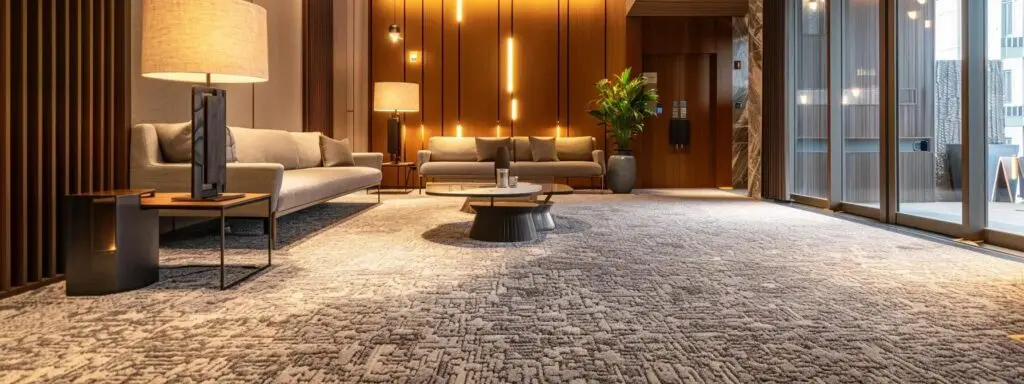 a sleek, modern rental property interior showcases sophisticated harwearing carpet, emphasizing its rich texture and durability under warm ambient lighting, creating an inviting atmosphere that appeals to discerning tenants.