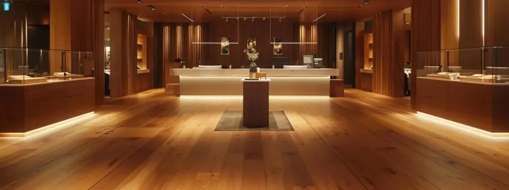 a sleek, modern showroom filled with an array of rich, polished timber flooring options displayed on elegant pedestals under warm, focused lighting, showcasing the craftsmanship and variety available at a local flooring shop.
