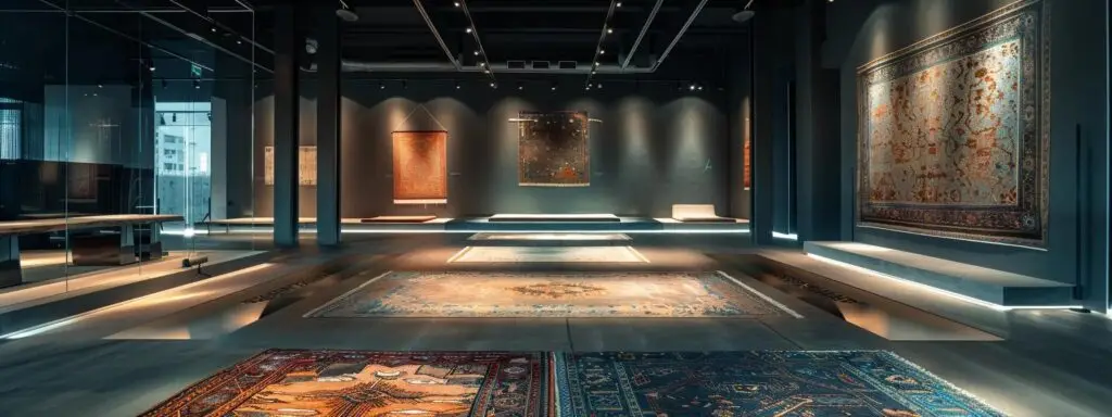 a sleek, modern showroom showcasing a vibrant array of high-quality carpets and flooring options, illuminated by professional lighting to highlight textures and colors in an urban setting.
