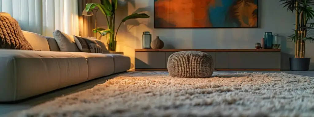 a sleek, modern urban rental apartment showcases a vibrant harwearing carpet, seamlessly blending high-density fibers and stain-resistant textures under soft, ambient lighting, demonstrating its durability and aesthetic appeal in a stylish living space.
