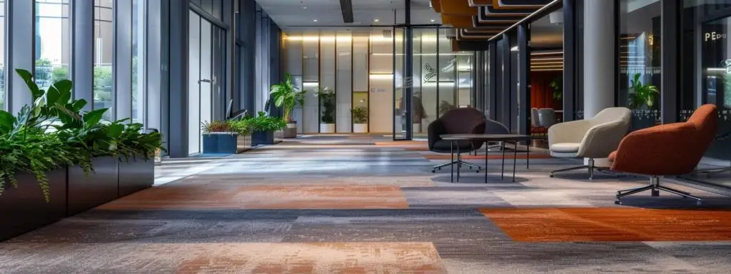 a sleek urban office space features vibrant harwearing carpets in diverse textures and colors, accentuating a modern design aesthetic while showcasing the latest sustainable and high-performance flooring innovations in a well-lit, professional environment.