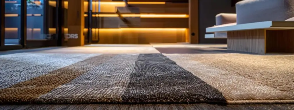 a sophisticated flooring showroom displays an array of premium carpet options, showcasing vibrant textures and colors under sleek, modern lighting, while knowledgeable specialists engage with customers in personalized consultations, emphasizing a commitment to quality and expert service.