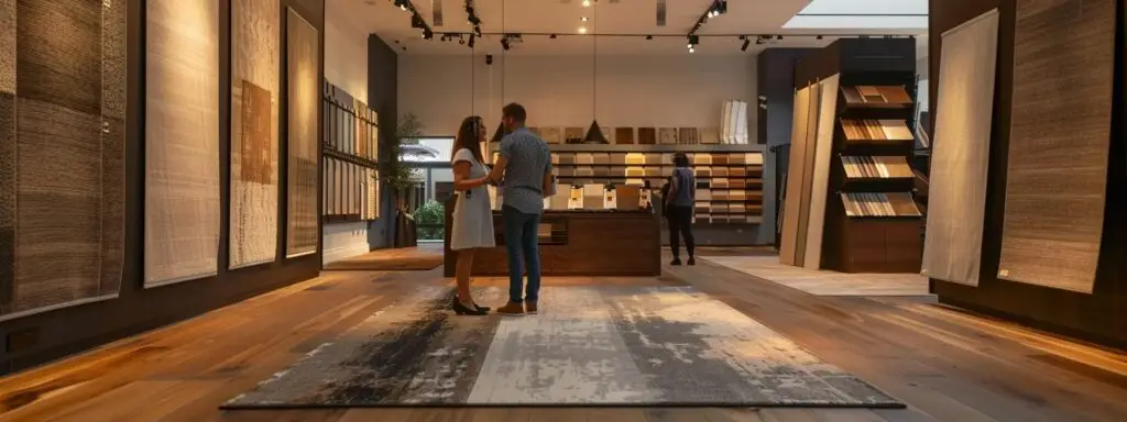 a sophisticated interior of hornsby’s flooring store showcases a diverse array of luxurious carpets and elegant hard flooring options, with a professional consultant assisting a couple in selecting the perfect design, all under warm, inviting lighting that highlights the quality of the materials.