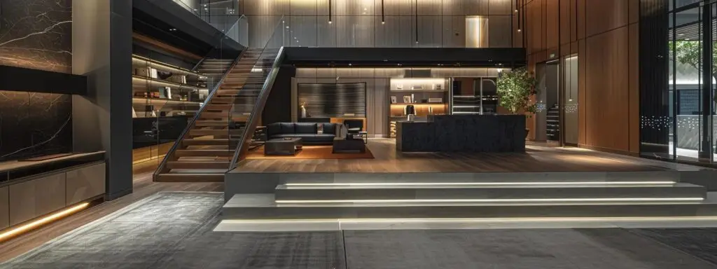 a sophisticated interior showroom showcases an array of flooring options, featuring elegant hardwood, sleek luxury vinyl planks, and textured carpets, all displayed under bright, focused lighting that highlights their unique finishes and designs.