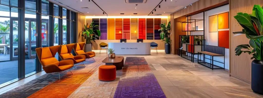 a sophisticated interior showroom showcases a diverse array of australian carpets with vibrant textures and colors, under bright, focused lighting that highlights their durability and design versatility, while an expert consultant engages with enthusiastic homeowners exploring their flooring options.